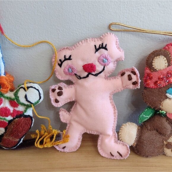 Vintage (3) Handmade Hand Stitched Stuffed Christmas Ornaments Crewel Clown Bear - Picture 2 of 8